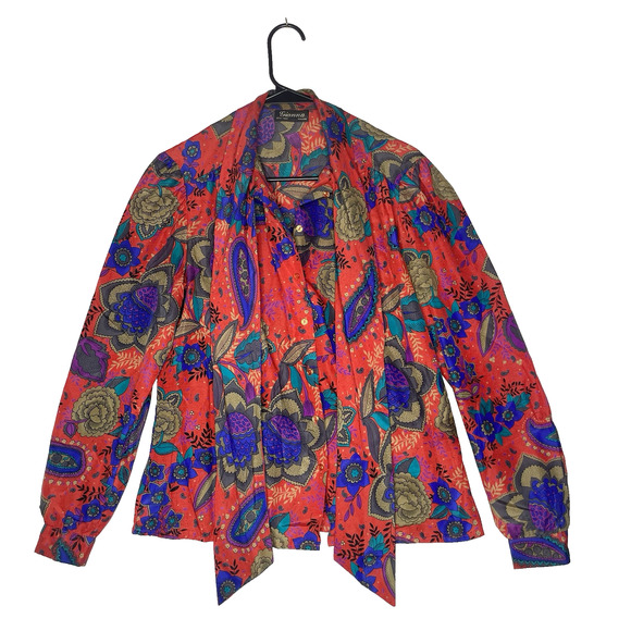 Vtg Gianna Blouse M Bold Floral Print Tie Neck Statement Top Boho Retro Disco - Picture 2 of 7